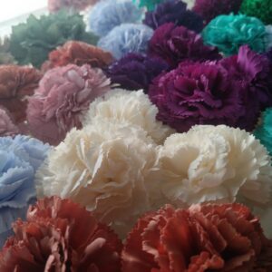 clavel blanco flamenco, flor para el pelo, accesorios feria de abril, clavel de tela, flores flamencas artesanales, decoración con claveles.