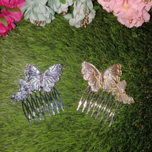 Peinecillos flamenca, accesorios pelo mariposa, peinetas doradas, complementos feria de abril, adornos pelo invitada, joyería para peinados, tocados metálicos.