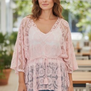 Blusa de encaje rosa Túnica boho chic Vestido playero de crochet Top romántico con transparencias Blusón calado rosa pastel Salida de baño elegante Kimono corto de encaje