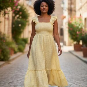 Vestido largo cuadros vichy amarillo Vestido nido de abeja mujer Vestido maxi tirantes volantes Moda cottagecore verano Vestido veraniego ajustable