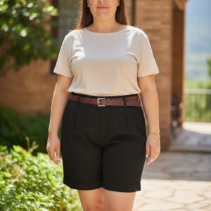 Bermuda Sastre de Tiro Alto con Pinzas – Negro – Talla 36-44