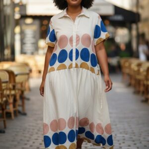 Vestido camisero largo, Vamiia moda mujer, vestido estampado lunares, look casual chic, vestido oversize mujer, moda boho contemporánea, vestido midi botones.