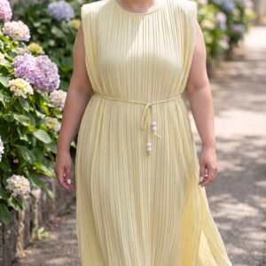 Vestido Plisado Sole con Hombreras – Amarillo -Talla 46 a 62