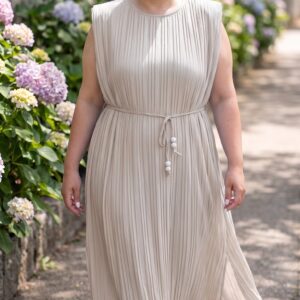 Vestido Plisado Sole con Hombreras – beig -Talla 46 a 62