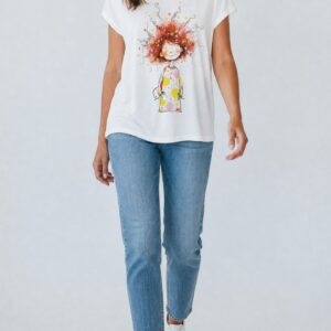Camiseta Básica Ilustración "Chica Acuarela" – Blanco - Talla 36 a 46