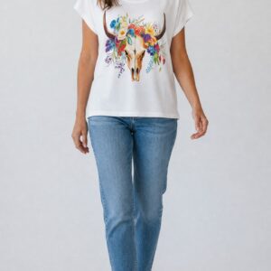 Camiseta Básica Ilustración «Calavera y Flores» – Blanco – Talla 36 a 46