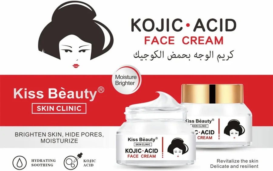 Crema facial Kiss Beauty Skin Clinic con ácido kójico en frasco de vidrio blanco y tapa dorada para iluminar la piel y reducir manchas.