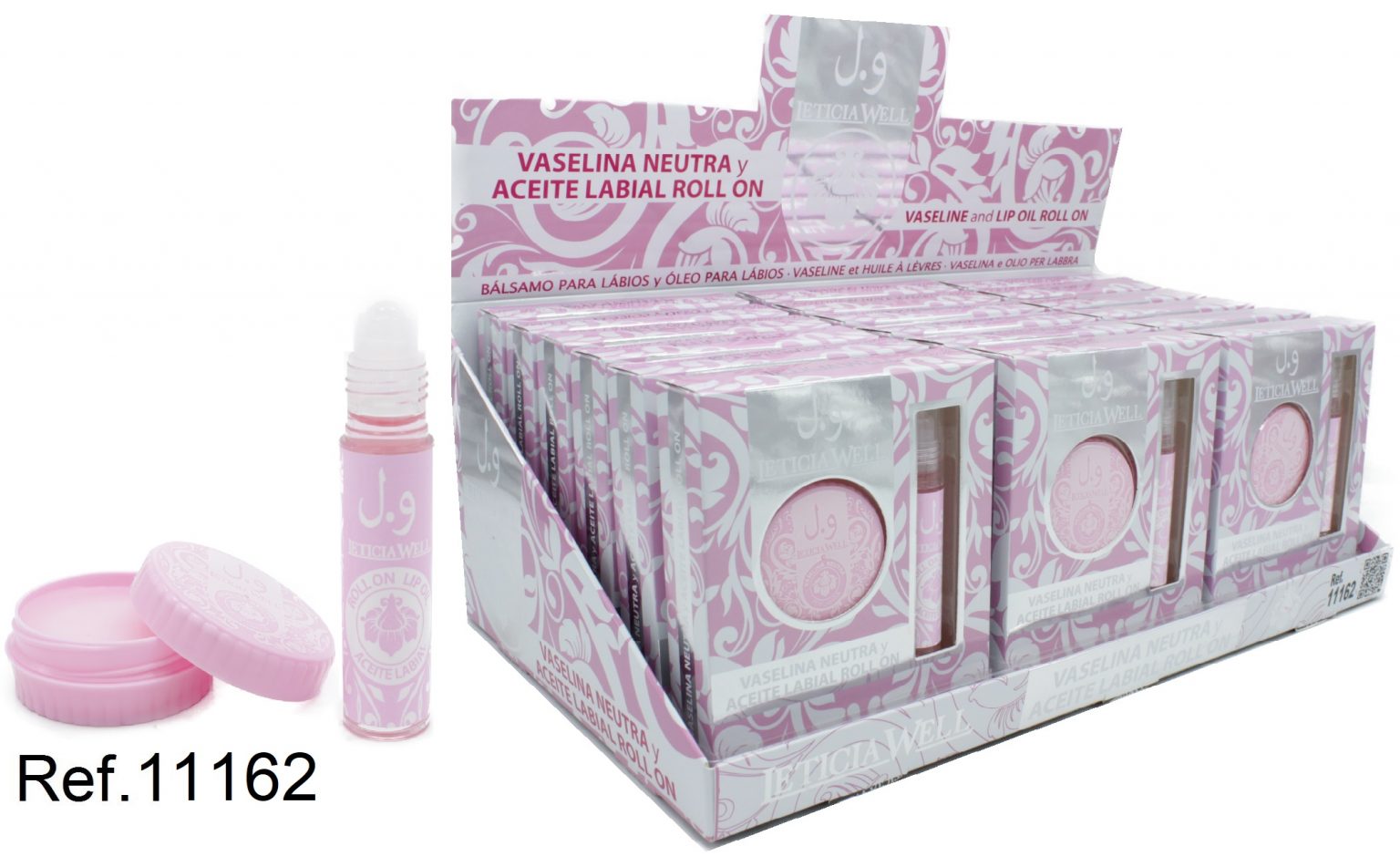 Pack de bálsamo labial Leticia Well con tarro de vaselina neutra rosa y brillo de aceite labial en formato roll-on con tapa blanca.
