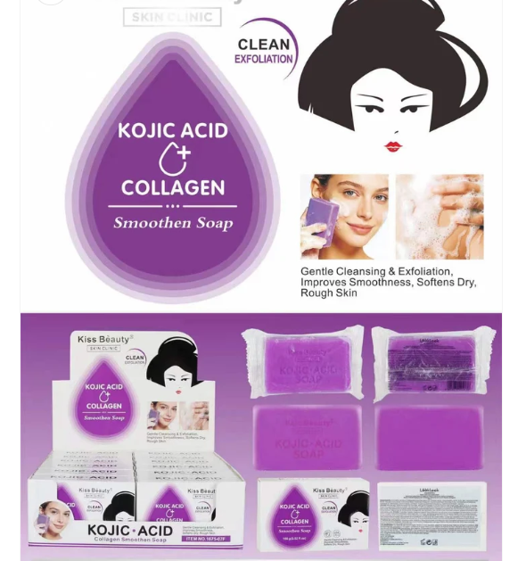 Jabón aclarante y exfoliante de ácido kójico y colágeno para manchas en la piel, marca Kiss Beauty. Caja expositora y pastilla de jabón morada.