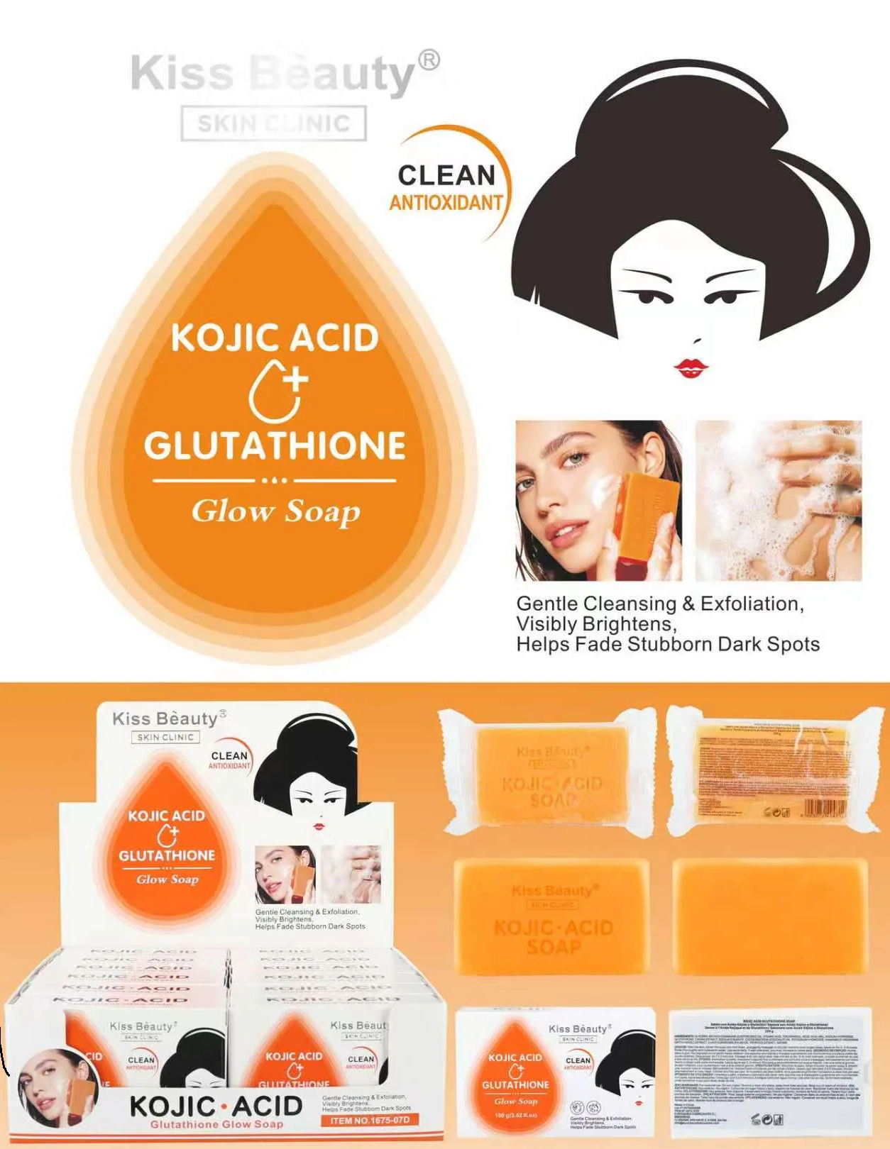 Jabón iluminador y antioxidante de ácido kójico y glutatión para manchas difíciles en la piel, marca Kiss Beauty. Caja expositora y pastilla naranja de 100 gramos.