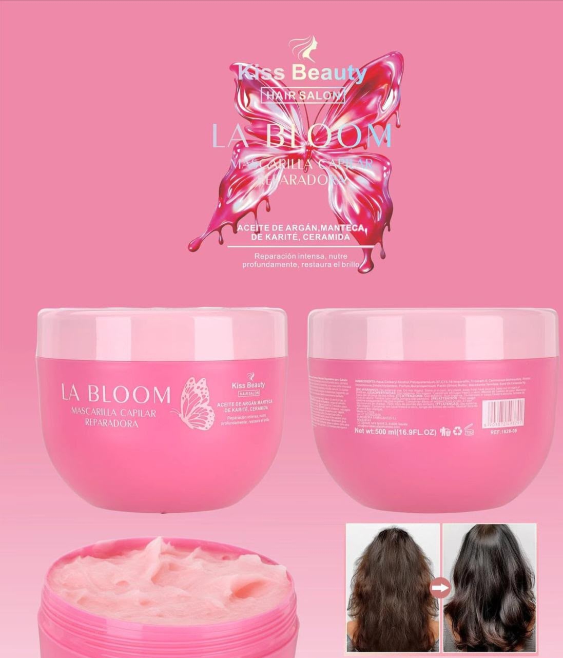 mascarilla capilar reparadora, tratamiento para cabello dañado, kiss beauty hair salon, mascarilla la bloom con argán, crema para el pelo con ceramidas, mascarilla hidratante kiss beauty.