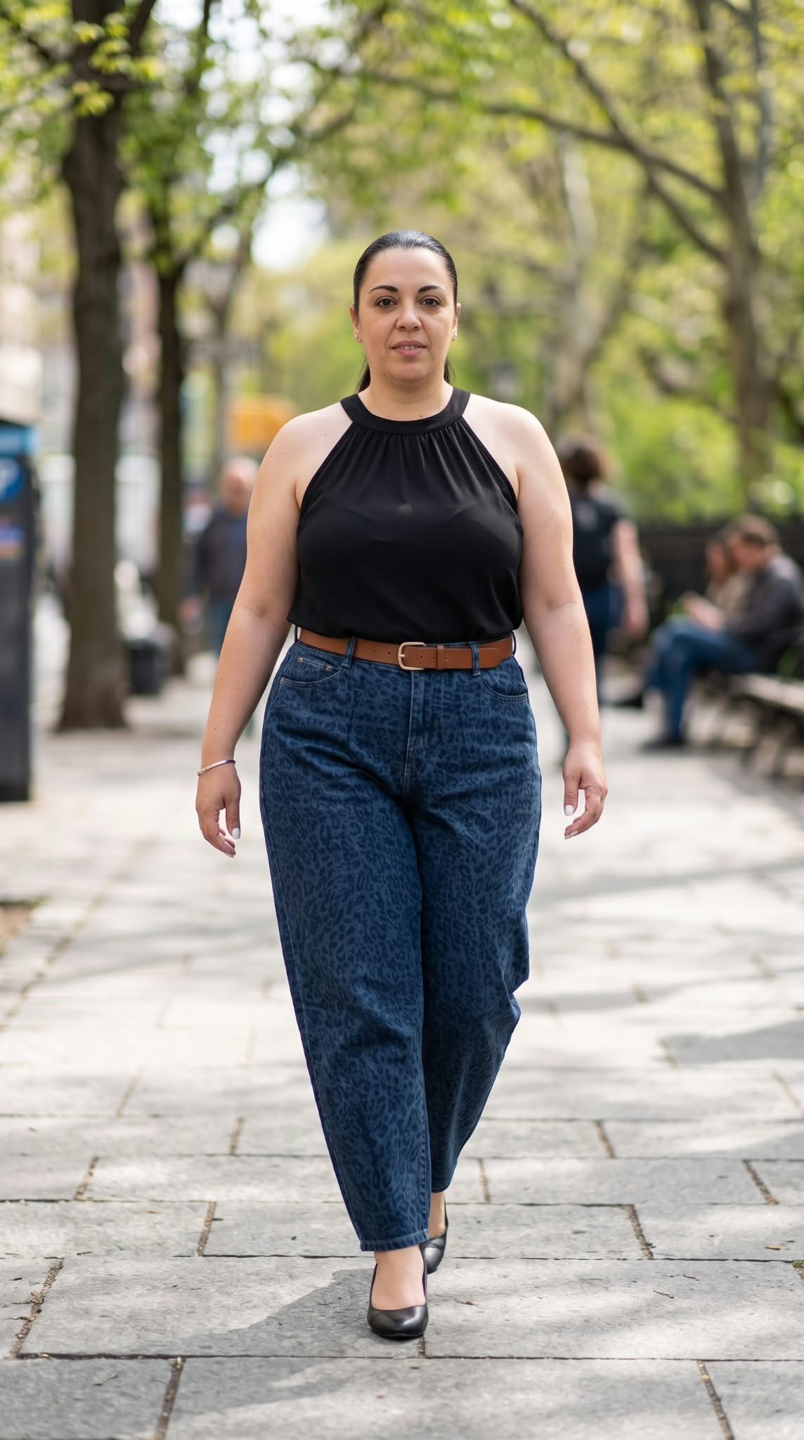 pantalón vaquero de mujer es increíblemente versátil. Para un look de impacto idéntico al de nuestro catálogo, combínalo con un top liso de cuello halter negro que estilice los hombros y añade un cinturón de cuero en color camel o marrón para enmarcar la cintura de forma impecable. Complétalo con unos zapatos de salón negros o unas zapatillas blancas informales