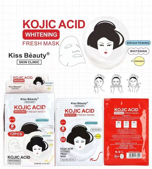 Presentación en caja y sachet de la mascarilla facial de tela Kojic Acid Whitening Fresh Mask de la marca Kiss Beauty para el tratamiento de manchas
