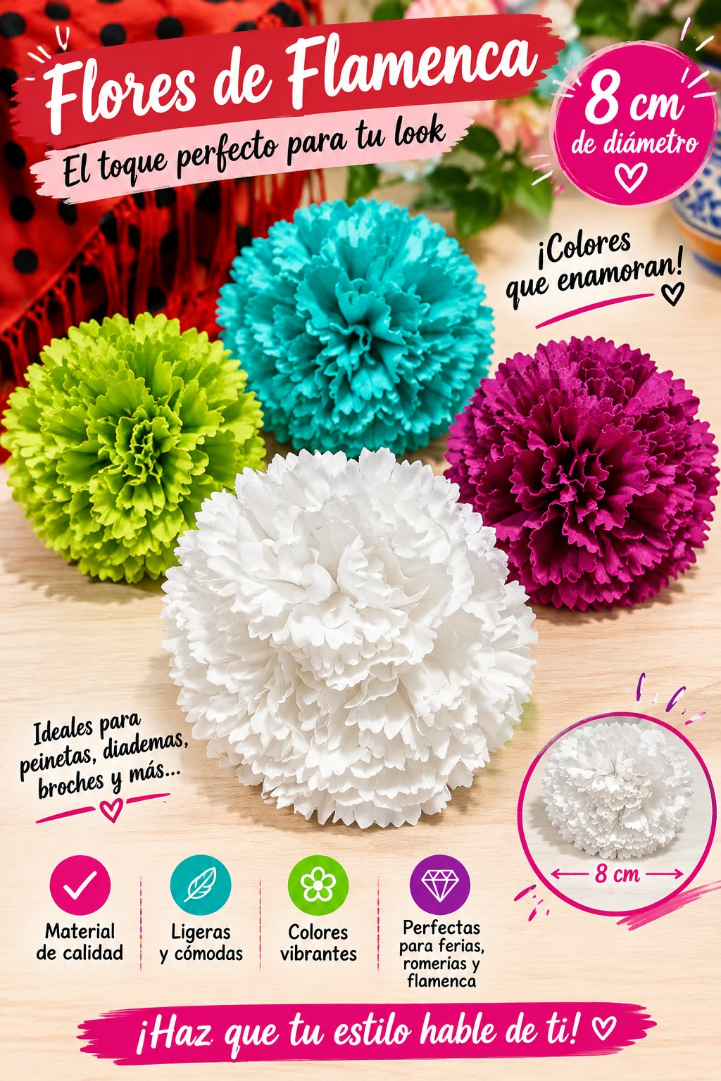 Cuatro flores de flamenca tipo clavel de tela en colores blanco, verde lima, turquesa y fucsia, de 8 cm de diámetro, ideales para peinetas y accesorios de feria.