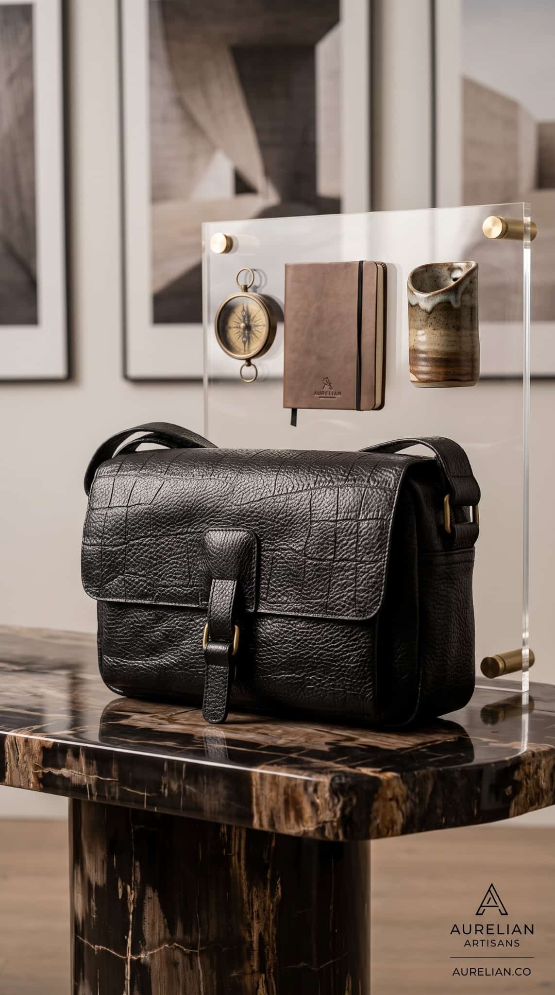 Bolso bandolera de piel texturizada negra con solapa grabada en estilo cocodrilo y herraje dorado, colocado sobre una mesa de madera petrificada.