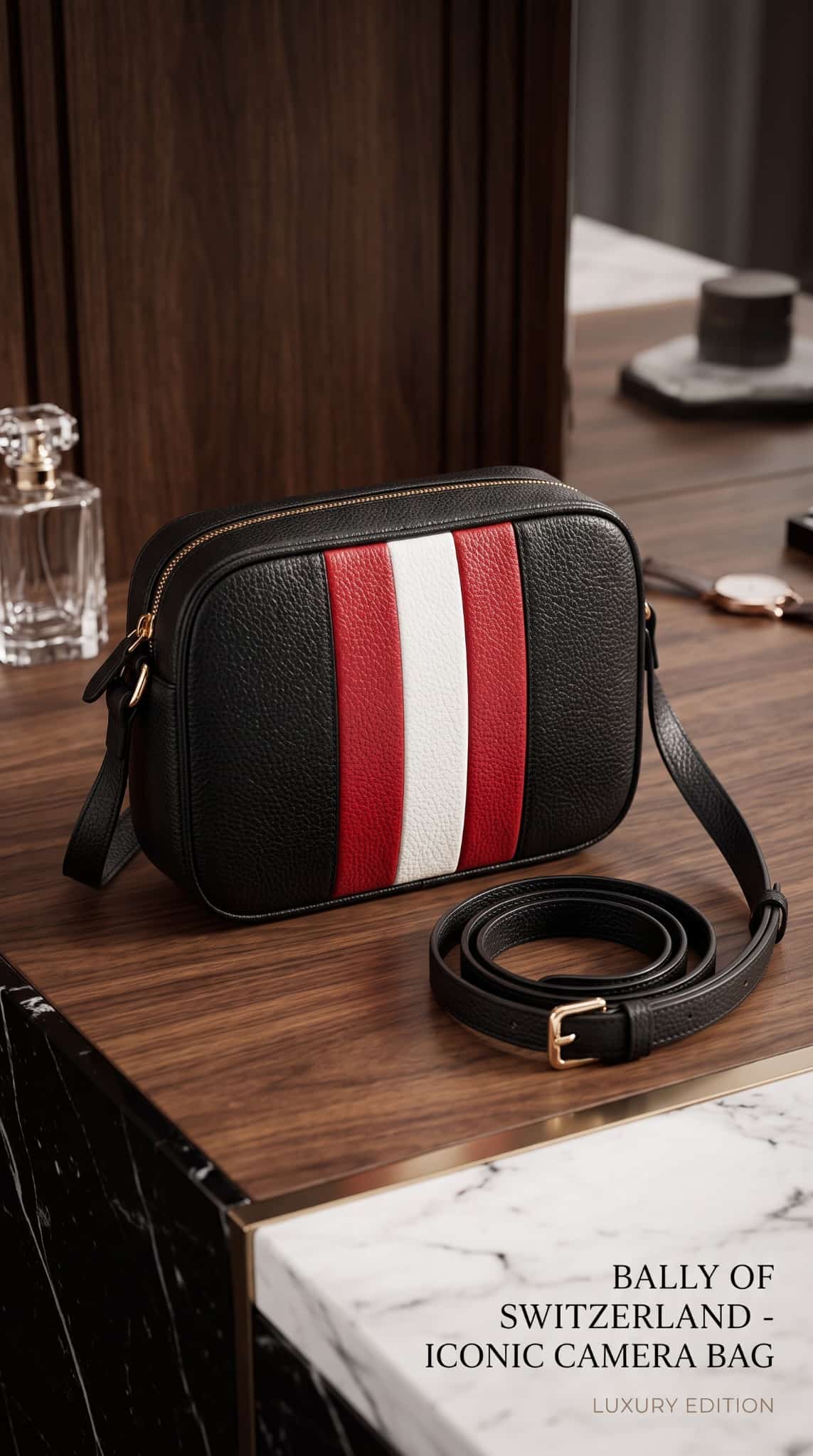 Bolso bandolera tipo cámara de la marca Bally en piel granulada negra con franja central vertical roja y blanca y correa ajustable expuesto sobre un mueble de madera.