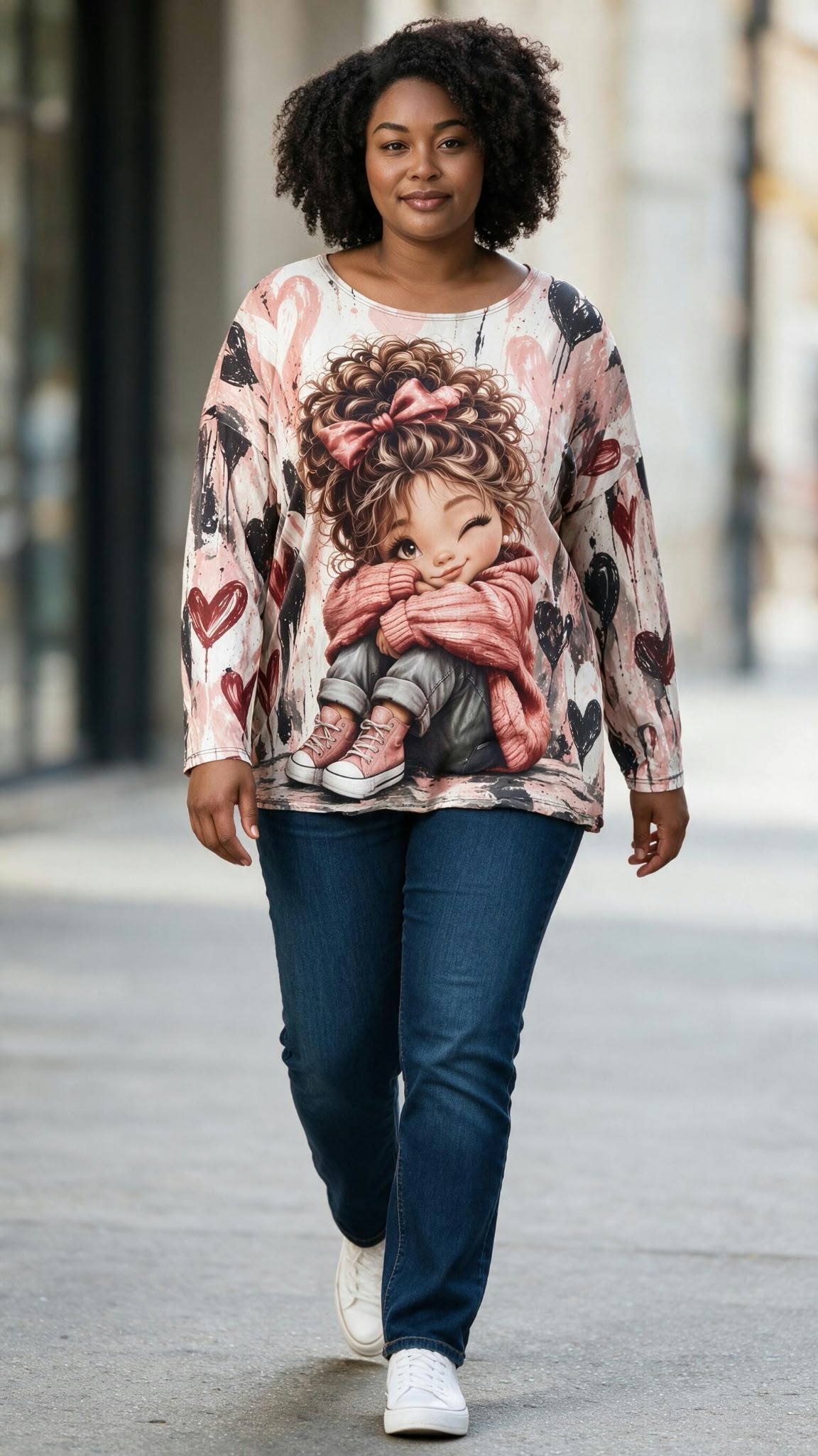 Mujer de curvas caminando por la calle vistiendo una camiseta holgada de manga larga de color rosa claro con el estampado de una muñeca guiñando un ojo y corazones.