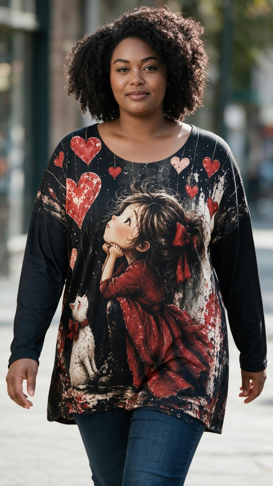 Mujer de curvas vistiendo una túnica de manga larga negra con un gran estampado artístico de una niña con lazo rojo, un gato blanco y corazones.