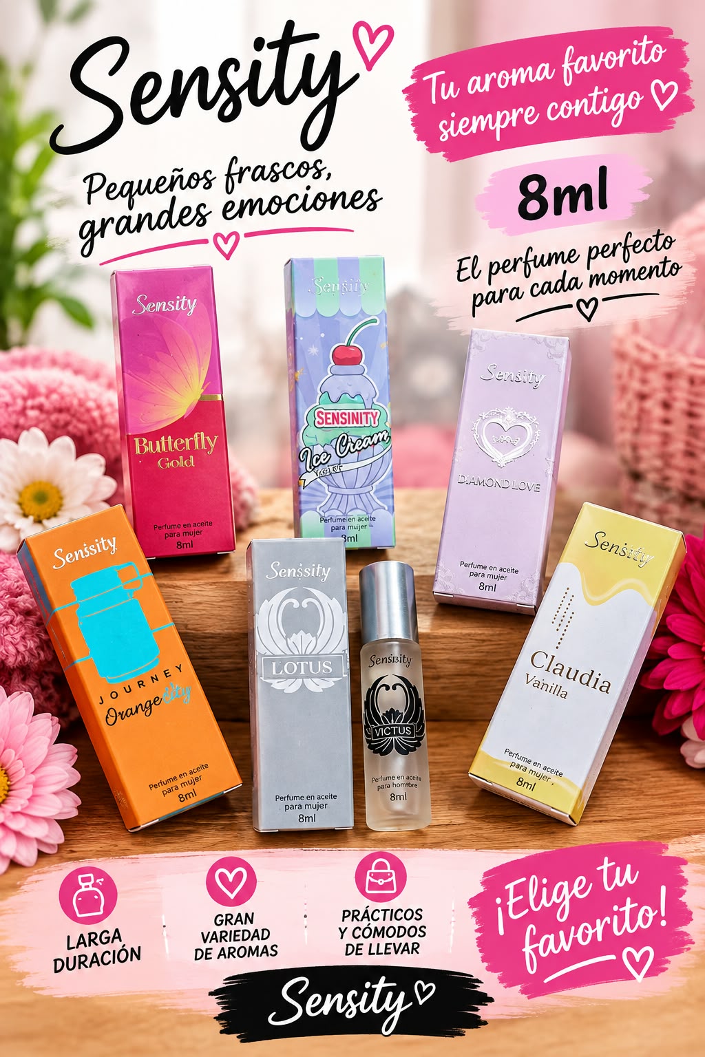 Catálogo de mini perfumes en aceite Sensinity de 8 ml sin alcohol. Muestra los frascos y cajas de Butterfly Gold, Ice Cream, Diamond Love, Journey Orange Sky, Lotus, Claudia Vanilla y el masculino Victus.