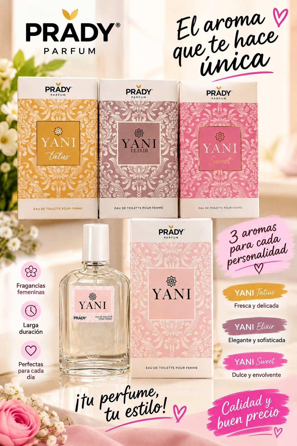 Catálogo de perfumes de equivalencia Yani de Prady Parfum: variantes Yani Tatus, Yani Elixir, Yani Sweet y Yani clásico inspirados en perfumes árabes Yara de Lattafa.