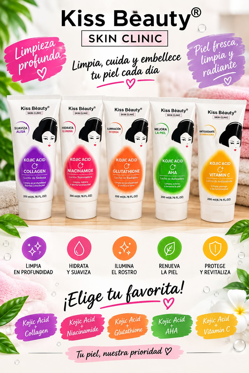 Gama de lociones corporales aclarantes con ácido kójico Kiss Beauty Skin Clinic de 200 ml. Muestra las 5 variantes: Colágeno, Niacinamida, Glutatión, AHA y Vitamina C.